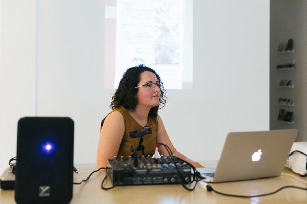 Laurie White listening to questions during her talk, “Polyphonic Assemblage: A Musical Toolkit for Ecological Perception,” as part of Far Afield’s project in PLOT.