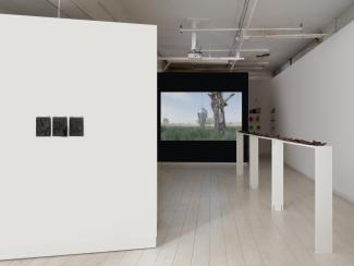 installation view featuring a long narrow shelf topped with steel plates, a video on a dark wall, and small works on paper on a wall