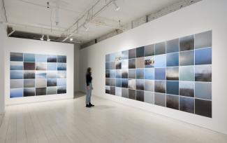 installation view of two large grids of photogs on adjacent walls, with a blurred figure observing