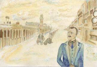 Watercolour painting of a man in an old school city square.