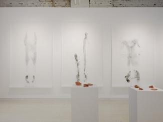 Installation view featuring three large drawings and two plinths displaying unglazed ceramic forms.