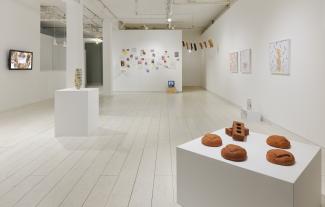 installation view of a gallery including video, ceramic, installation, and photographs
