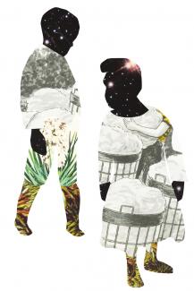 two figures collaged from various imagery, their faces made of galaxies