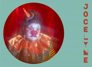 Circular image of Jocelyne dressed as a sad clown, placed in an aqua background with her stylized name in burnt orange to the right.