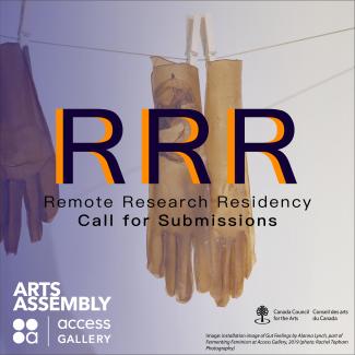 Image of gloves made of cellulose hanging on a laundry-line, overlaid with a violet gradient, and text that reads: Remote Research Residency Call for Submissions, along with organizational and funders logos and image credit