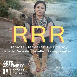Image of ecoaborijanelle seated on a rock by the water's edge, featuring clear to blue gradient. Overlaid text reads: RRR Remote Research Residency, Janelle "ecoaborijanelle" Pewapsconias, with organizational logos and image credit