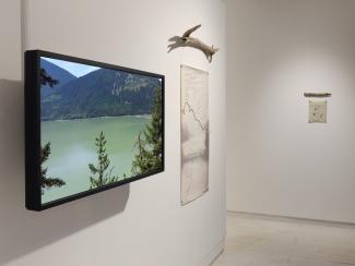 Image of a white gallery space with a nearer wall perpendicular to an end wall. There is a flatscreen displaying footage of mountain and water, an installation of a 2D piece hung on a driftwood on the nearer wall and a smaller version of the driftwood piece on the end wall.