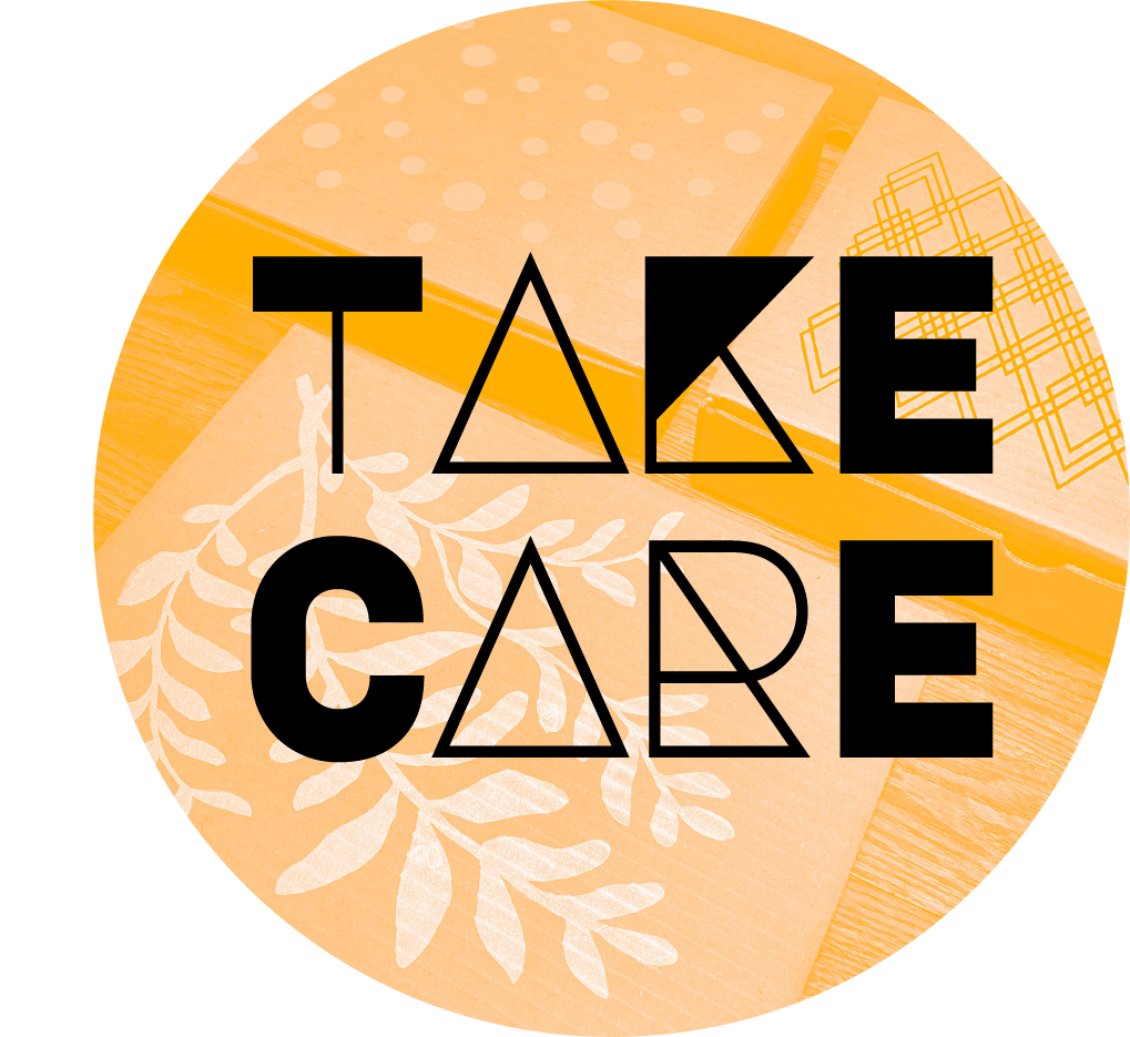 Black stylized text reads "TAKE CARE" and is overlayed on an apricot monotone image of cardboard boxes.