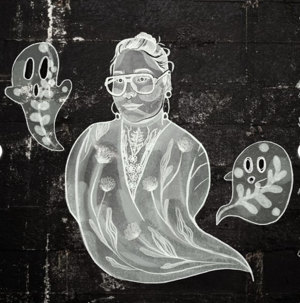 White charcoal drawing of a human-like ghost with two smaller ghost friends on black paper.