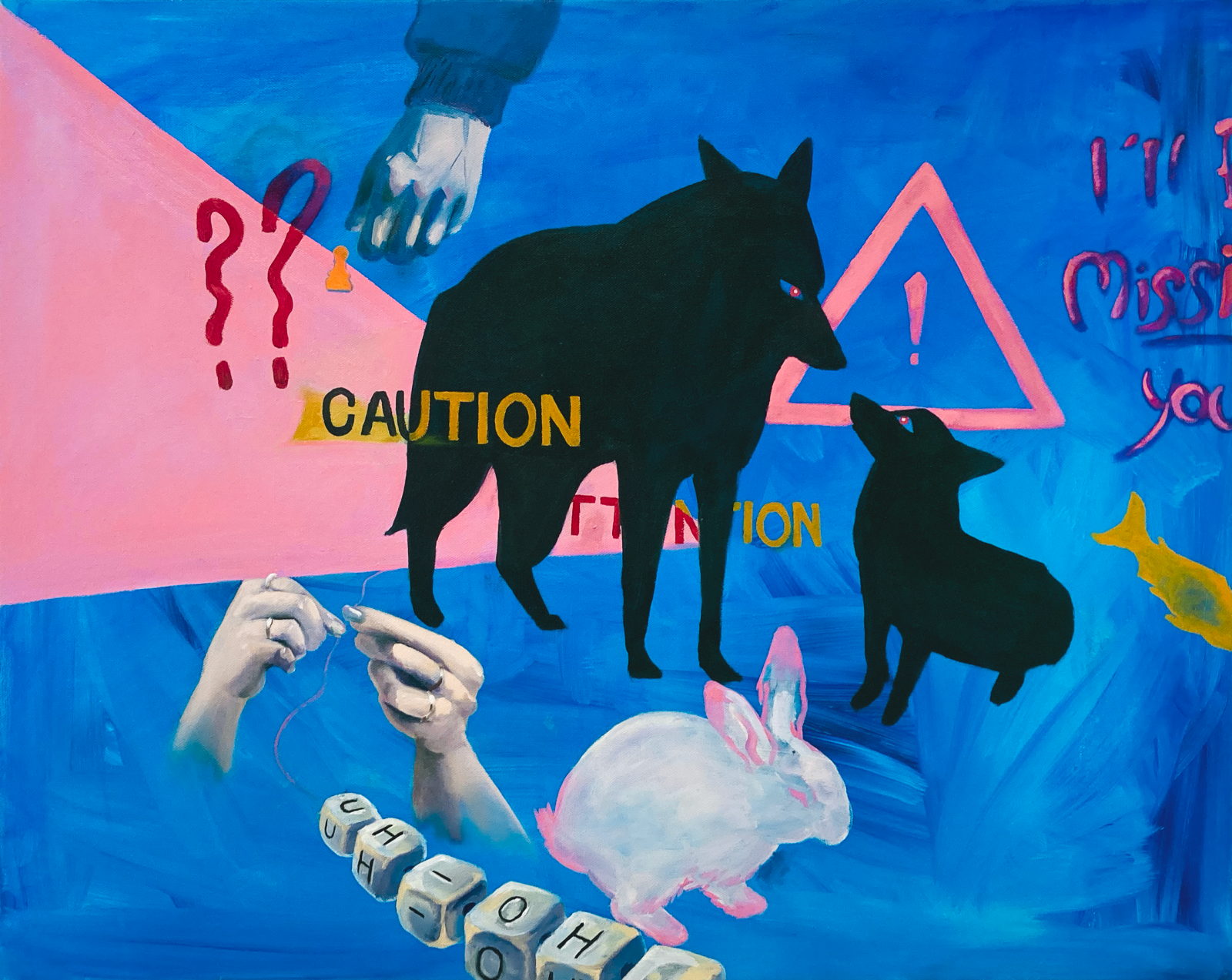 An oil painting depicting two coyote silhouettes on a blue background, with a triangle of pink slicing through. There is text reading CAUTION and pink warning icon. At the bottom of the image, there is a loosely rendered white rabbit with pink highlights, and hands working on a letter beaded friendship bracelet. 