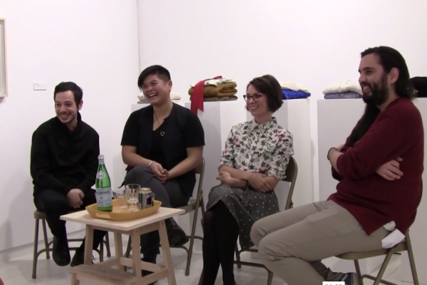 Artists Erdem Taşdelen, Vanessa Kwan, and Raymond Boisjoly in conversation with Access Director/Curator Kimberly Phillips, as part of the programming for Far Away So Close, Part I: Sarah Stein with Hyemin Kim, Erdem Taşdelen, Jim Verburg, Nicole Kelly Westman, Hyung-Min Yoon
