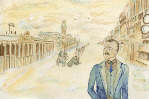 Watercolour painting of a man in an old school city square.