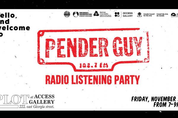 Image of a poster which reads "PENDER GUY 102.7 FM: RADIO LISTENING PARTY" in red on a white background.
