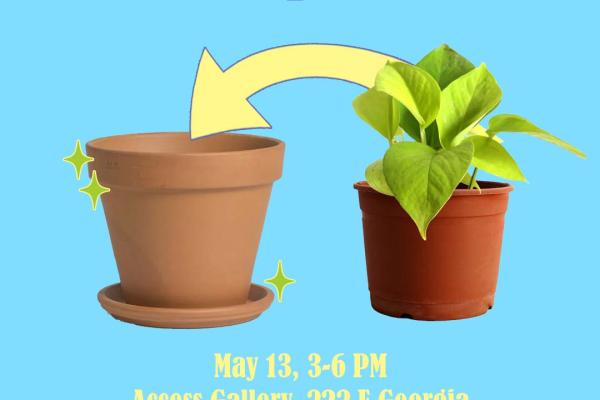 Light blue background with an image of two plant pots, one filled with a bright green plant, and a yellow arrow indicating it will move to the other, empty terracotta pot. Text reads "Plant Swap & Re-Pot" at the top, and event details along the bottom, followed by "Get new homes for old plants"