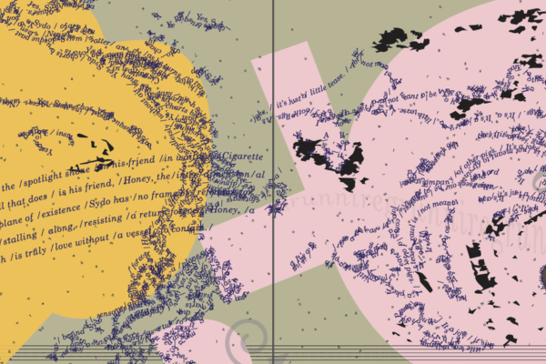 Yellow and pink background, swirls of literature and jumbled up letters superimposed over coloured background.