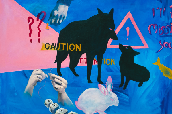 An oil painting depicting two coyote silhouettes on a blue background, with a triangle of pink slicing through. There is text reading CAUTION and pink warning icon. At the bottom of the image, there is a loosely rendered white rabbit with pink highlights, and hands working on a letter beaded friendship bracelet. 