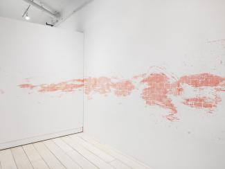 Two adjacent walls with meet in a corner to form a long stencilled drawing in pink chalk