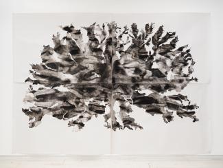 Image of a monumental scale black and white drawing in four panels, resembling a lichen