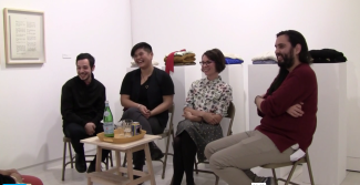 Artists Erdem Taşdelen, Vanessa Kwan, and Raymond Boisjoly in conversation with Access Director/Curator Kimberly Phillips, as part of the programming for Far Away So Close, Part I: Sarah Stein with Hyemin Kim, Erdem Taşdelen, Jim Verburg, Nicole Kelly Westman, Hyung-Min Yoon