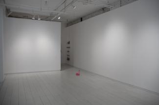 Empty gallery with a pink flamingo in the corner