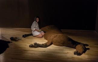 Artist Vicky Sabourin kneels on the floor beside a life-size, wool-felted brown horse. She is holding a medium sized stone which she has removed from an opening in the horses belly, and there is a pile of these stones beside her to the left. The artist is wearing an oversized smock, and the lighting is dim, with a spotlight shining on her and the horse.
