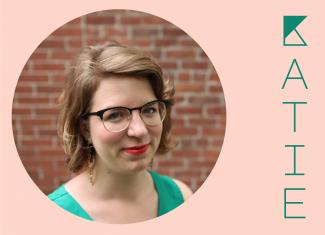 Circular image of smiling Katie, standing against a brick wall, placed in a blush background with her stylized name in kelly green to the right.