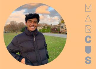Circular image of smiling Marcus, standing in a park with a beautiful sunset behind him, placed in a peach background with his stylized name in grey/blue the right.