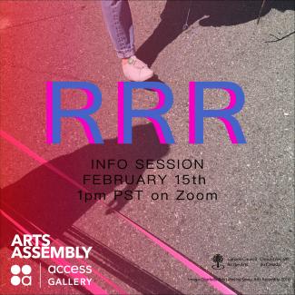 An image of a person's legs mid-step along an asphalt road, overlaid with a red gradient, and text which reads "RRR INFO SESSION FEBRUARY 15TH 1PM PST ON ZOOM" along with funder and organizational logos