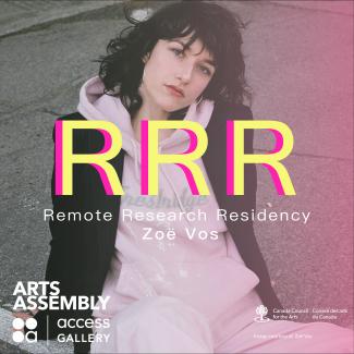 image of Zoë seated on pavement, leaning back into her hands, featuring a clear to pink gradient. Overlaid text reads: RRR Remote Research Residency, Zoë Vos, with organizational logos and image credit