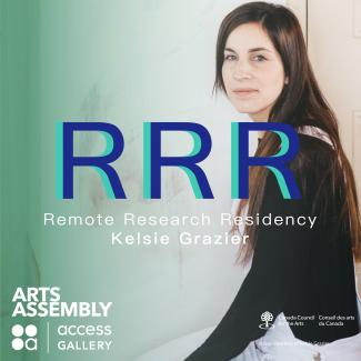 Image of Kelsie in the studio with one of her drawings, featuring a green to clear gradient. Overlaid text reads: RRR Remote Research Residency, Kelsie Grazier, with organizational logos and image credit