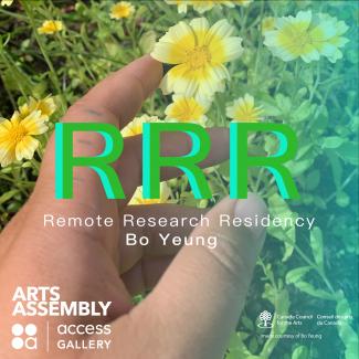 Image of Bo's hand reaching out to a yellow plant, featuring a clear to green gradient. Overlaid text reads: RRR Remote Research Residency, Bo Yeung, with organizational logos and image credit