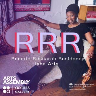 Image of Ihya Arts smiling on an antique couch, featuring a violet to clear gradient.  Overlaid text reads: RRR Remote Research Residency, Ihya Arts, with organizational logos and image credit