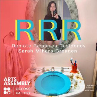 Image of Sarah's reflection in a bathroom mirror, featuring a red to clear gradient. Overlaid text reads: RRR Remote Research Residency, Sarah Mihara Creagen, with organizational logos and image credit