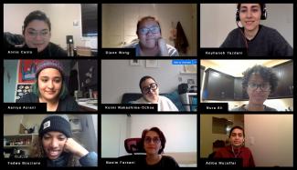 a grid of images of nine artists meeting on zoom, listing their names at the bottom of each of their video screens