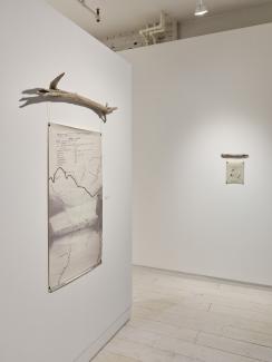 Image of a white gallery space with two perpendicular walls with a 2D piece with a piece of driftwood on top hung on the nearer wall and a smaller version of the earlier piece hung on the end wall.