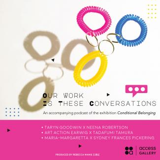 An image of three colourful keychains and their shadows with play buttons scattered around. In the bottom there is the text "Our Work Is These Conversations," next to which is a speech bubble. In a fuchsia recutangular area below the image, there are the artists' and facilitator's names and logo of Access Gallery.