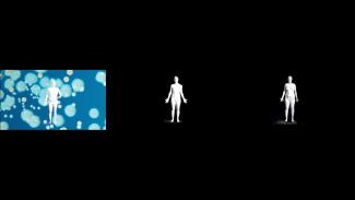 a black background with images. From left to right, a white figure standing in a blue screen, a white figure standing against a black background, a white figure standing against a black background