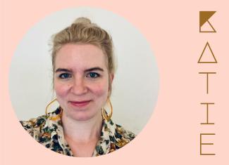 Circular image of smiling Katie in a floral shirt, against a white wall, placed in a blush background with her stylized name in deep mustard yellow to the right.