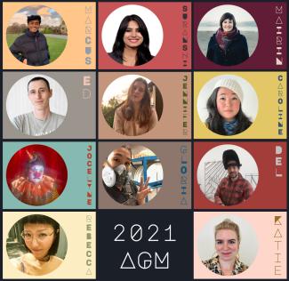 Grid of 12 rectangles against a black background, each featuring a circular image of a board or staff member placed in a colourful background with their stylized name in a contrasting colour to the right of their picture. The bottom rectangle doesn't contain an image, just the words 2021 AGM in white text.