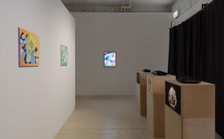 Installation view of gallery exhibition. On the left wooden box on which an image of a brain has been laser cut; atop the box sits a small black vinyl pillow; in the background are two small colourful abstract paintings on a white wall.
