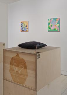 A three quarter view of a wooden box on which an image of a brain has been laser cut; atop the box sits a small black vinyl pillow; in the background are two small colourful abstract paintings on a white wall.