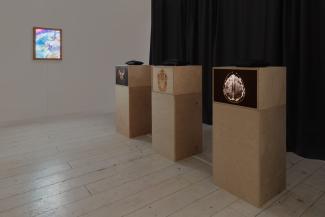 Three wooden plinths on the right against dark curtained windows, a light box on the adjacent wall. Atop the plinths there are three light boxes with an image similar to an xray. The wall-mounted lightbox is abstract and brightly coloured.
