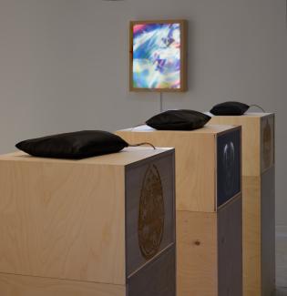 Three wooden plinths on which sit three light boxes with an image similar to an xray. Atop the boxes are three black vinyl cushions. Behind these plinths there is a white wall with a brightly colour abstract light box.
