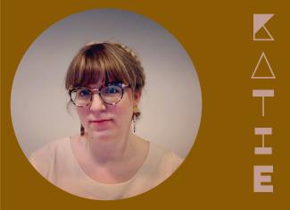 Circular image of head shot of Katie, wearing a cream shirt and glasses, against a light grey wall. The portrait is placed in a dark mustard background with her stylized name in pale pink to the right.