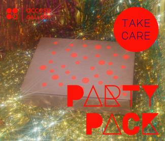 An image of a cardboard box screen-printed with a polkadot design, against a metallic streamer background. Overlayed on top of the image is graphic design in bright orangey-red. Top right reads Take Care in larger circle. Bottom right stylized text reads Party Pack. Top left is Access Gallery's logo.