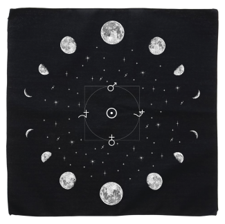 Black cloth screen printed with the phases of the moon