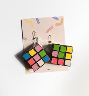 image of earrings made from small rubik's cubes