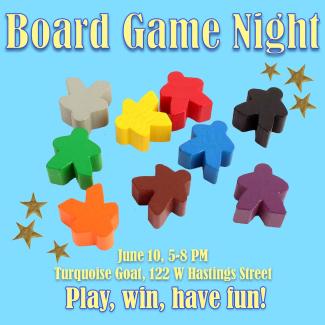Infographic for a Member's event! It reads "Board Game Night! June 10, 5-8 PM. Turquoise Goat, 122 W Hastings Street. Play, win, have fun!" The text is yellow with a dark blue edge, it lies on a light blue background. In the middle of the graphic are maples of many colours. 