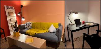 Two images of the PLOT space. On the left, the walls are painted in two tones of tangerine, and the space shows a cozy couch with chartreuse blanket, cushions, a coffee table, reading light, and bookshelf. On the right, a computer and notebook sit on a black desk and under a task light.