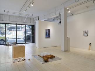 installation view of multiple sculptures and wall works in a white gallery.
